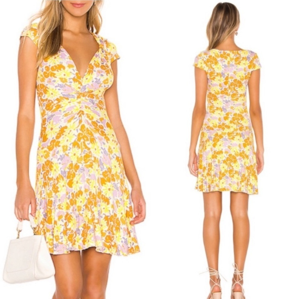Free People Key To Your Heart floral Mini dress flounce purple yellow medium
